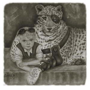 Steampunk boy n his protector sepia